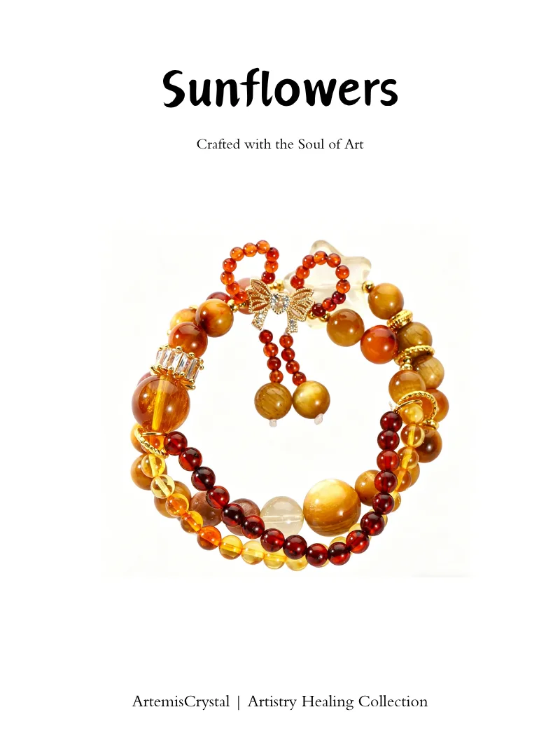 Handmade Sunflowers inspired crystal bracelet with citrine sunstone tiger eye and red agate