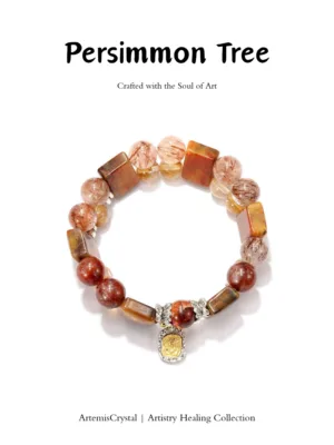 Handmade Persimmon Tree inspired wide crystal bracelet with red rabbit hair quartz and orange moonstone