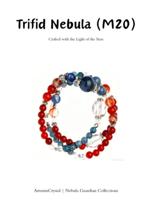 Trifid Nebula art healing creation top view with kyanite, red agate, clear quartz, and red resin flower crystals