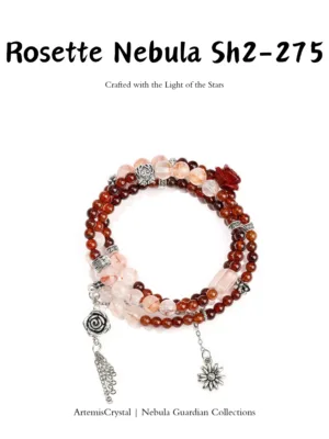 Rosette Nebula art healing creation top view with red resin flower crystals, red agate, and clear quartz