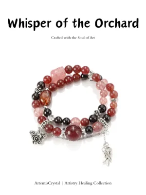 Whispers of the Orchard art healing creation top view with red resin flower crystals, strawberry quartz, and obsidian stones