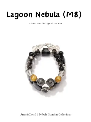 Lagoon Nebula art healing creation top view with obsidian, tiger’s eye, black rutilated quartz, and clear quartz