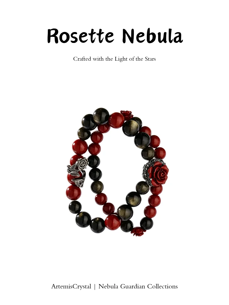 Rosette Nebula art healing creation top view with cinnabar and golden obsidian stones