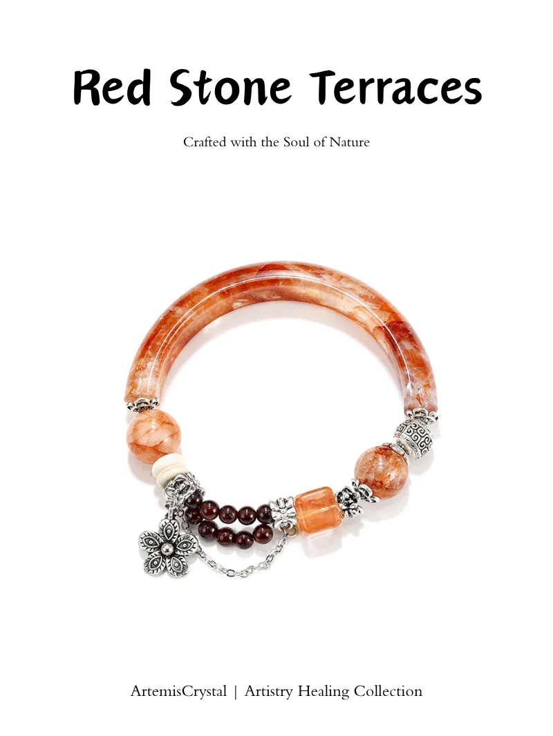 The Wave single wrap crystal work top view - red hematoid quartz and garnet