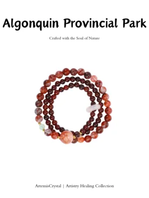 Algonquin art healing creation top view with red resin flower crystals, garnet, white moonstone, and green chalcedony