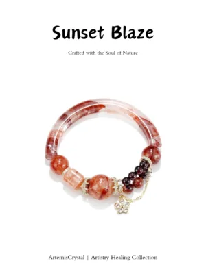 Sunset Blaze art healing creation top view with red resin flower crystals and garnet stones