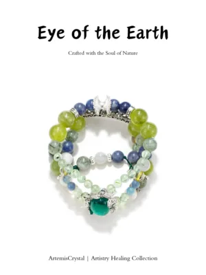Eye of the Earth art healing creation top view with prehnite, kyanite, moonstone, green fluorite, and citrine