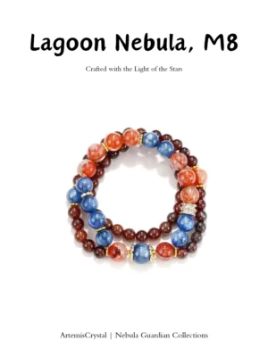 Lagoon Nebula art healing creation top view with burgundy garnet, kyanite, and red resin flower crystals
