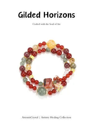 Gilded Horizon art healing creation top view with citrine, green rutilated quartz, red resin flower crystals, and red carnelian stones