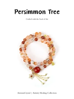 Handmade Persimmon Tree inspired crystal bracelet with red rabbit hair quartz and orange moonstone