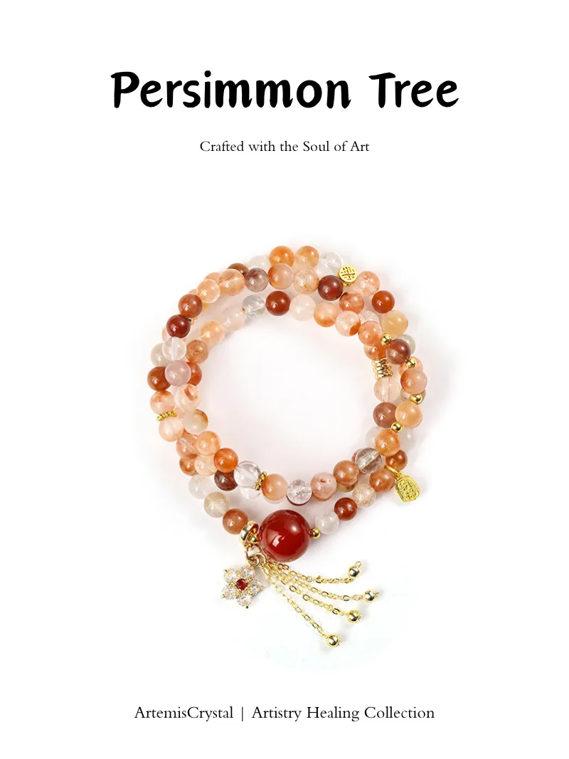 Handmade Persimmon Tree inspired crystal bracelet with red rabbit hair quartz and orange moonstone