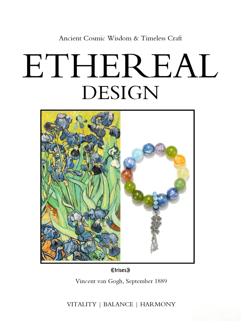 Van Gogh Irises painting inspiration with handcrafted crystal bracelet flat lay