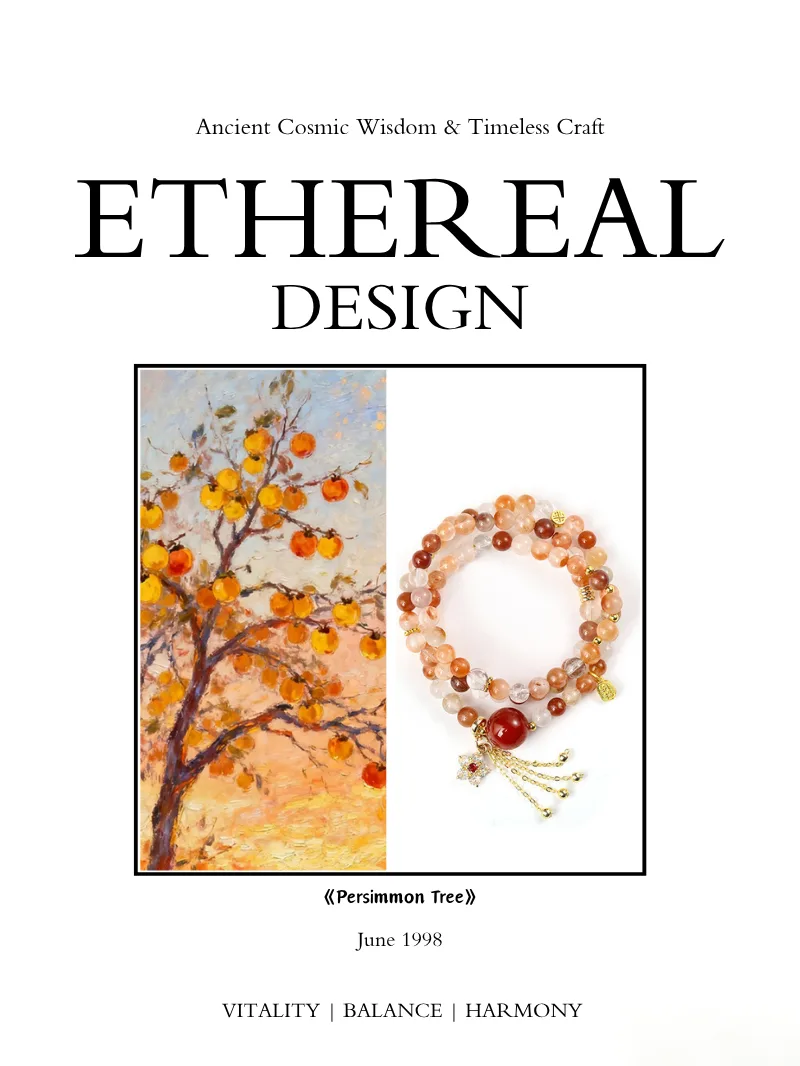 Persimmon Tree painting inspiration alongside handcrafted crystal bracelet flat lay